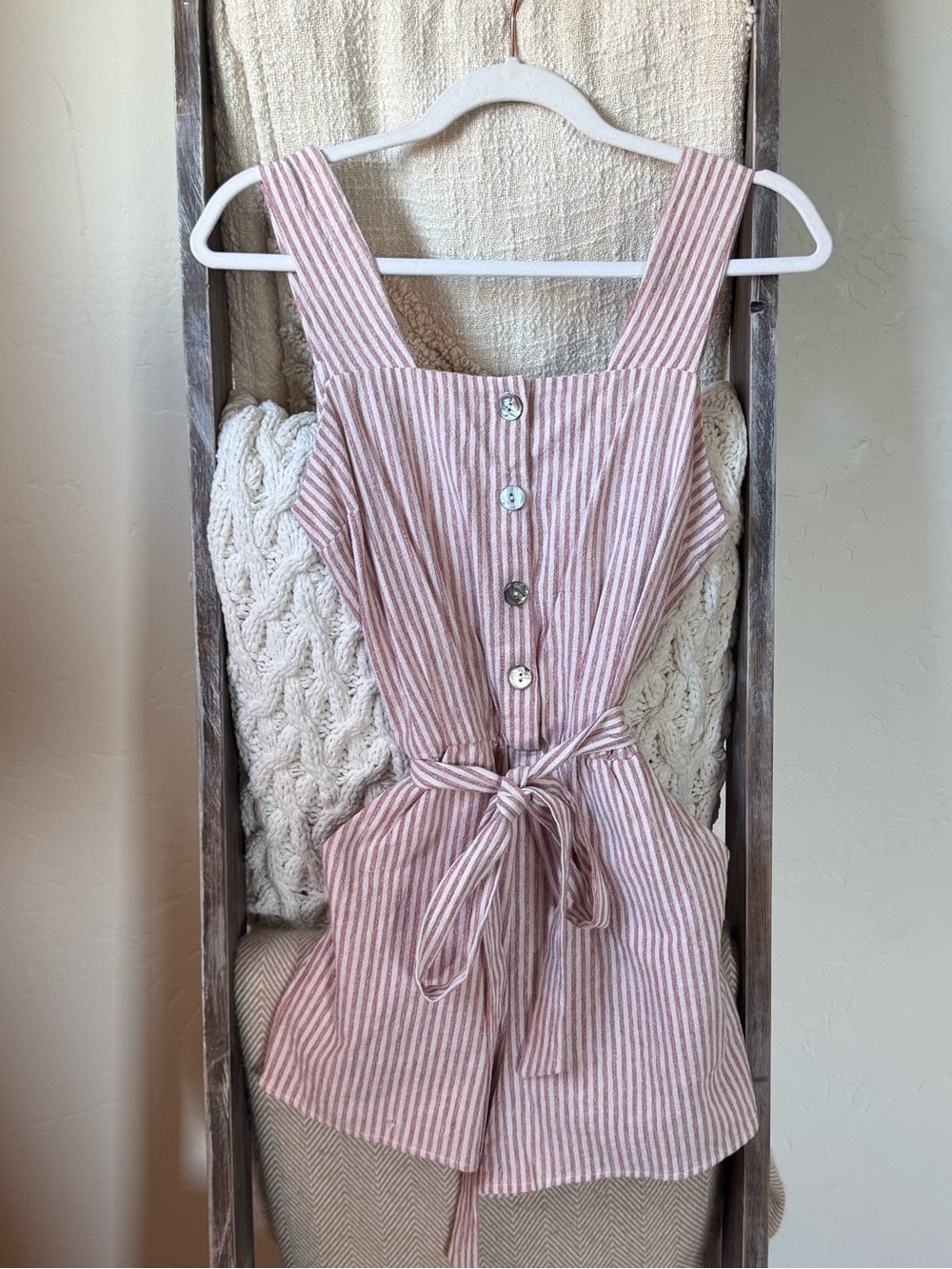 Striped Tie-Waist Tank Romper in Faded Red